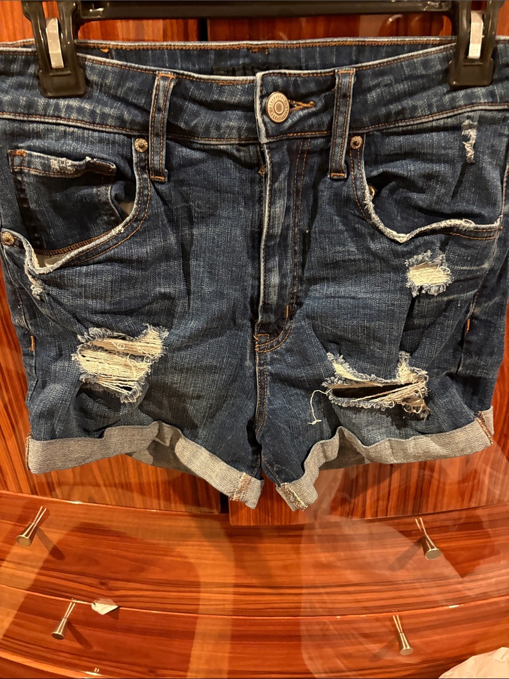 Distressed Dark Blue Cuffed Denim Shorts